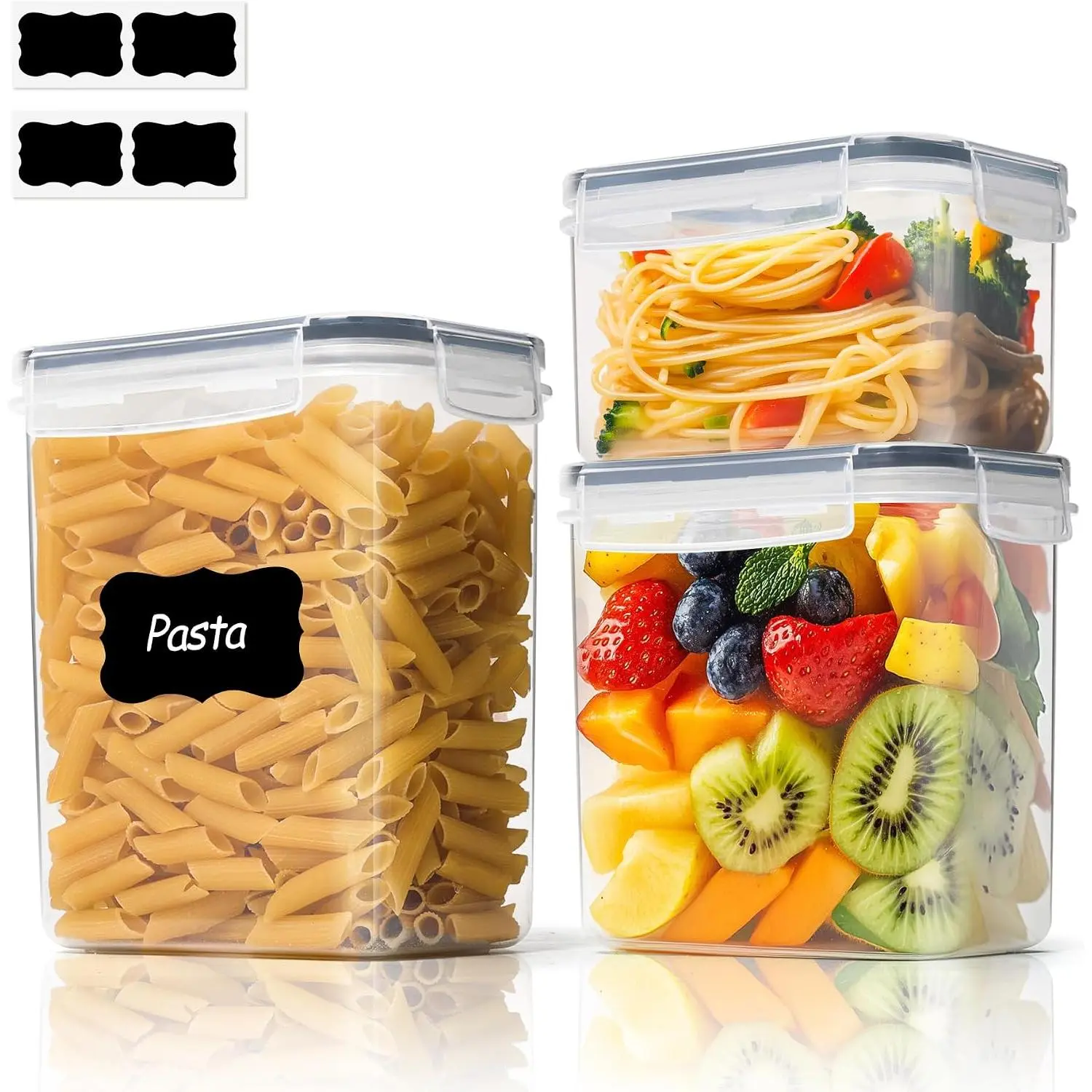 Airtight  Storage Containers with  0.8/1.5/2.1Qt 3Pack | Plastic Canister, Flour Sugar Cereal Pasta Rice Oats Coffee Snacks, Pantry Kitchen, Label, Scoop, Stackable, , Clear
