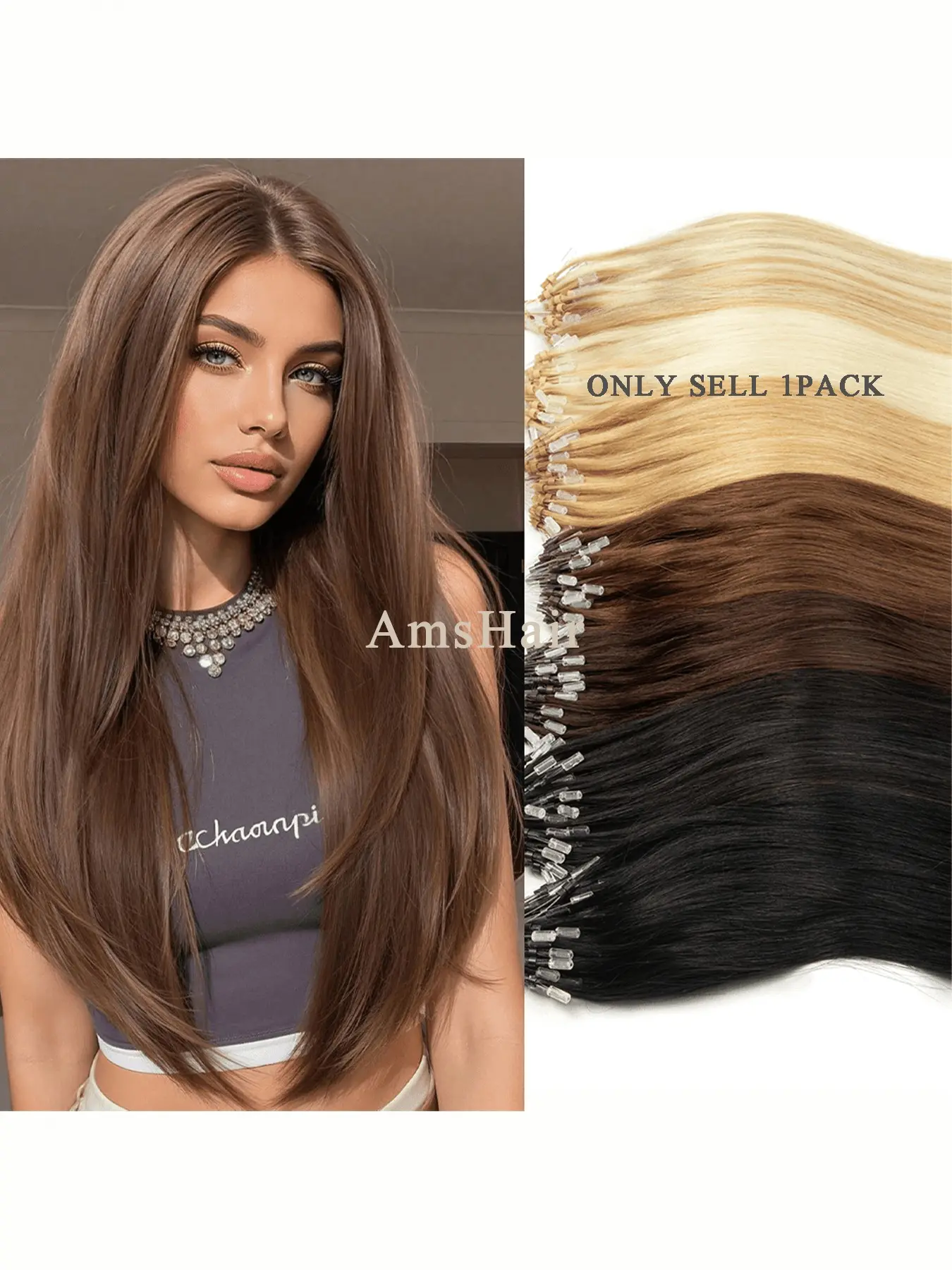Micro Ring Clip-In Human Hair Extensions, No Knots, Metal Rings, 12-20 Inches, Heat & Color Safe, for Thin Hair, Postpartum Hair Loss