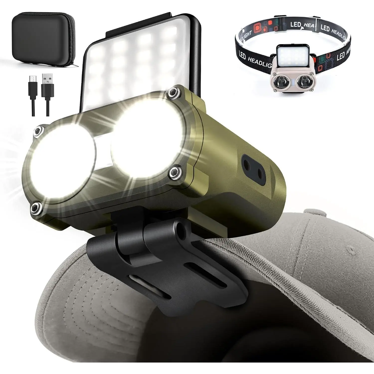 LED Hard Hat Light, 800Lumens Rechargeable Dimmable Clip on Cap Lights, 180°Adjustable Hat Flashlight Headlamp Waterproof for Running, Camping, Hunting, Cycling (Olive Green)Gift.