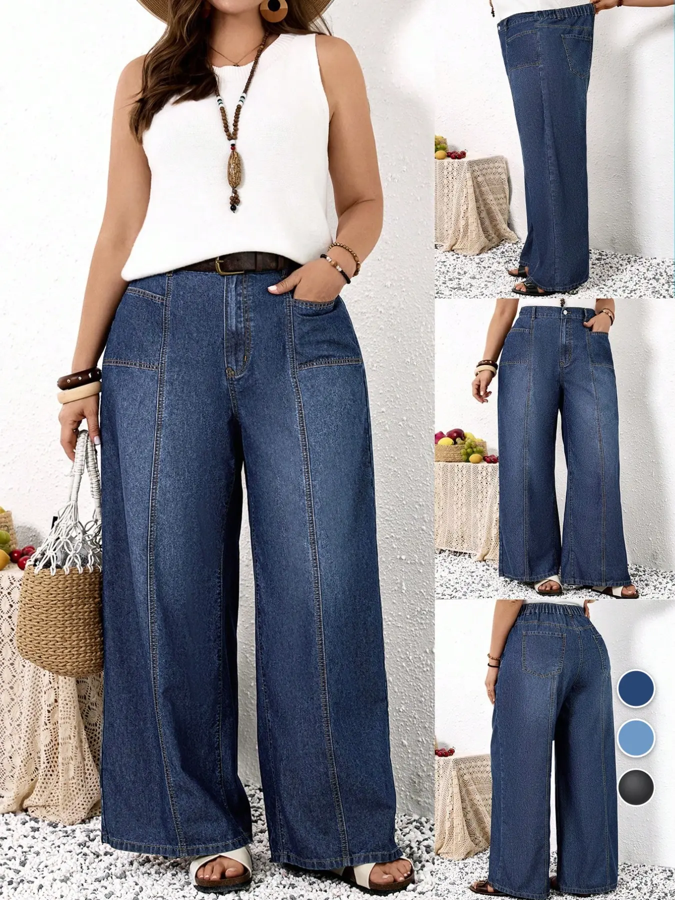 Plus Size Wide Leg Jeans, High Waist Elastic Back Jean with Pockets, Loose Fit Daily Casual Wear, All Seasons Patchwork Design