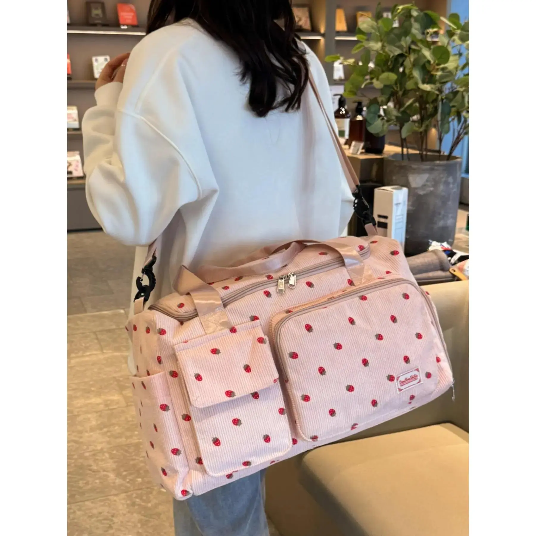 Cute Strawberry Pattern Travel Bag, Large Capacity Corduroy Casual Luggage Bag, Portable Travel Bag for Women & Girls, Travel Duffle Bag, Traveling Bag