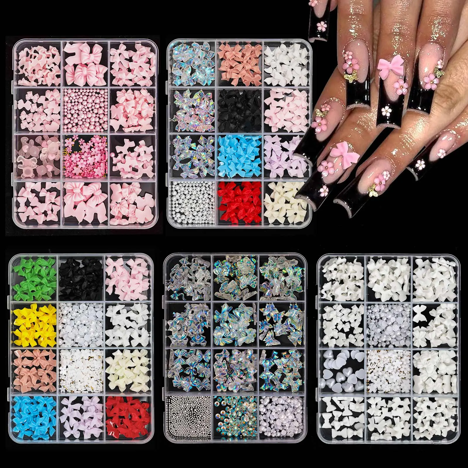 12 Grid Colorful Bow Nail Charms Set - 3D Resin Mixed Colors, Cute White Black Pink Butterfly Rhinestones for DIY Manicure Decorations, Flatback Heart Pearls Rhinestones & Bow Charms (Black/White/Pink)
