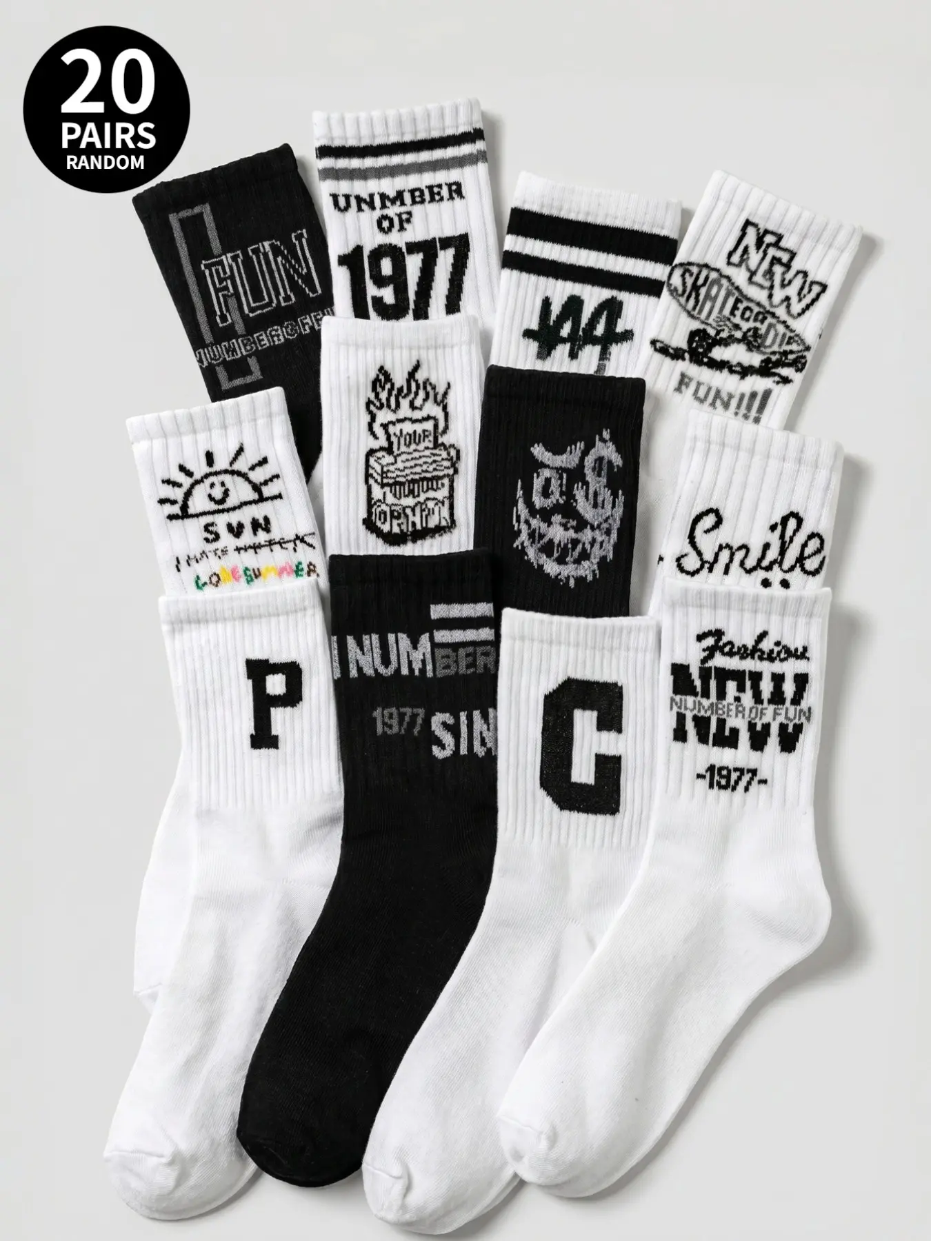 20-pair pack (random styles) Y2K retro street-style mid-calf socks with fun lettering print; skate and hip-hop style; unisex; summer and autumn