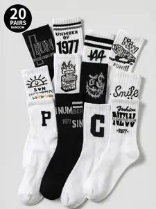 20-pair pack (random styles) Y2K retro street-style mid-calf socks with fun lettering print; skate and hip-hop style; unisex; summer and autumn