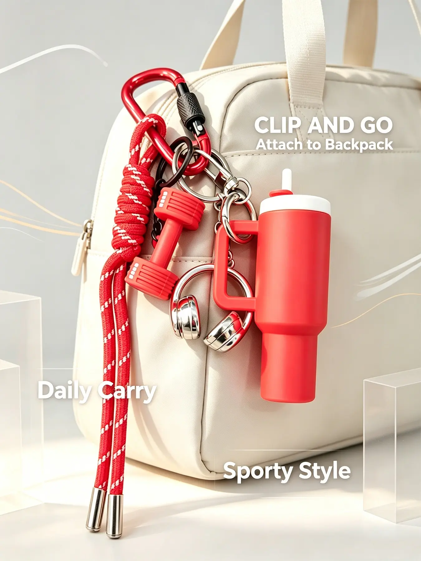 Sporty Mini Tumbler Dumbbell Headphone Bag Charm Keychain, Braided Rope Metal Carabiner, Accessory for Sports Backpack Gym Bag, Small Gift for Fitness Workout Lovers Men Women