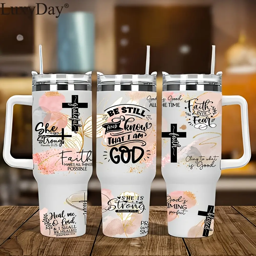 She is Strong BE STILL AND KNOW THAT I AM GOD Faith Over Fear Pink Gold Marble Cross Flat Print 40oz Handle Stainless Steel Car Tumbler, Vacuum Insulated Religious Travel Mug, Halloween Christmas DIY Faith Gift For Christian Women Craft Lovers
