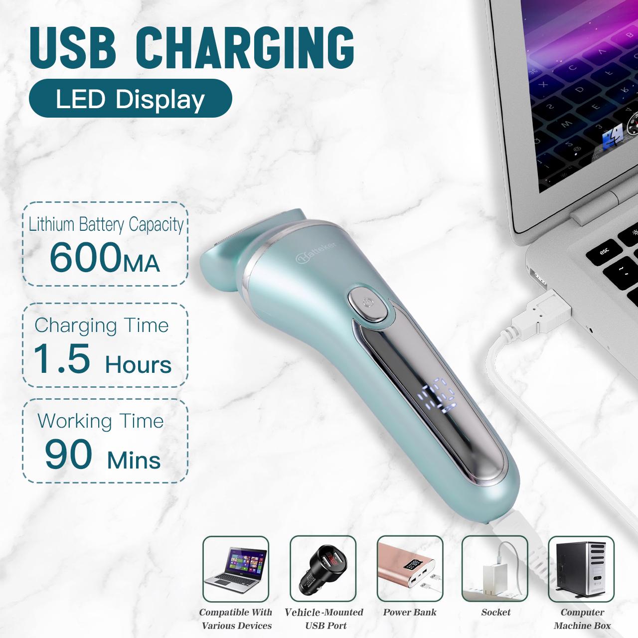 Hatteker 3 in 1 Women's Electric Shaver, Electric Hair Shaver for Arms Legs Body Hair Trimming, USB Charging Gentle Hair Trimmer with Replacement Heads, USB Rechargeable Trimmer