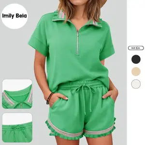 Imily Bela 2 Piece Outfits Short Sets for Women Sweatsuit Casual Tracksuits Summer Half Zip Ruffle Tops Matching Sets
