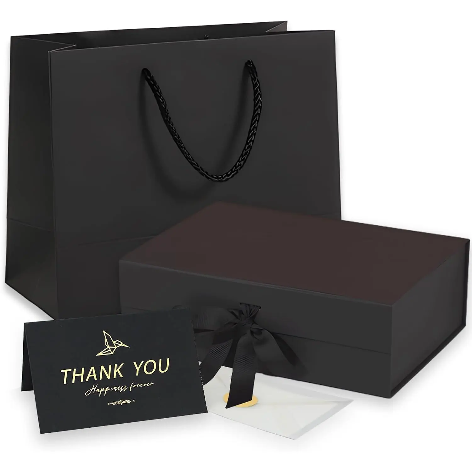 Medium Black  Box with Lid, Ribbon, Bag & Greeting Card, 9.4"x7"x3” |  Closure, for Birthdays, Weddings, Valentine's Day, Christmas