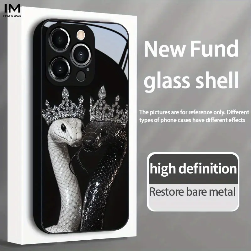 Snake with Crown Phone Case - Liquid Reinforced Tempered Glass & Silicone Casing, Stylish Innovative Cover for iPhone 17 Air, 16, 15 Pro Max, 14 Plus, 13, 12, 11 Mobile Phone Protection Accessories, Screen Protector, Crown Snake