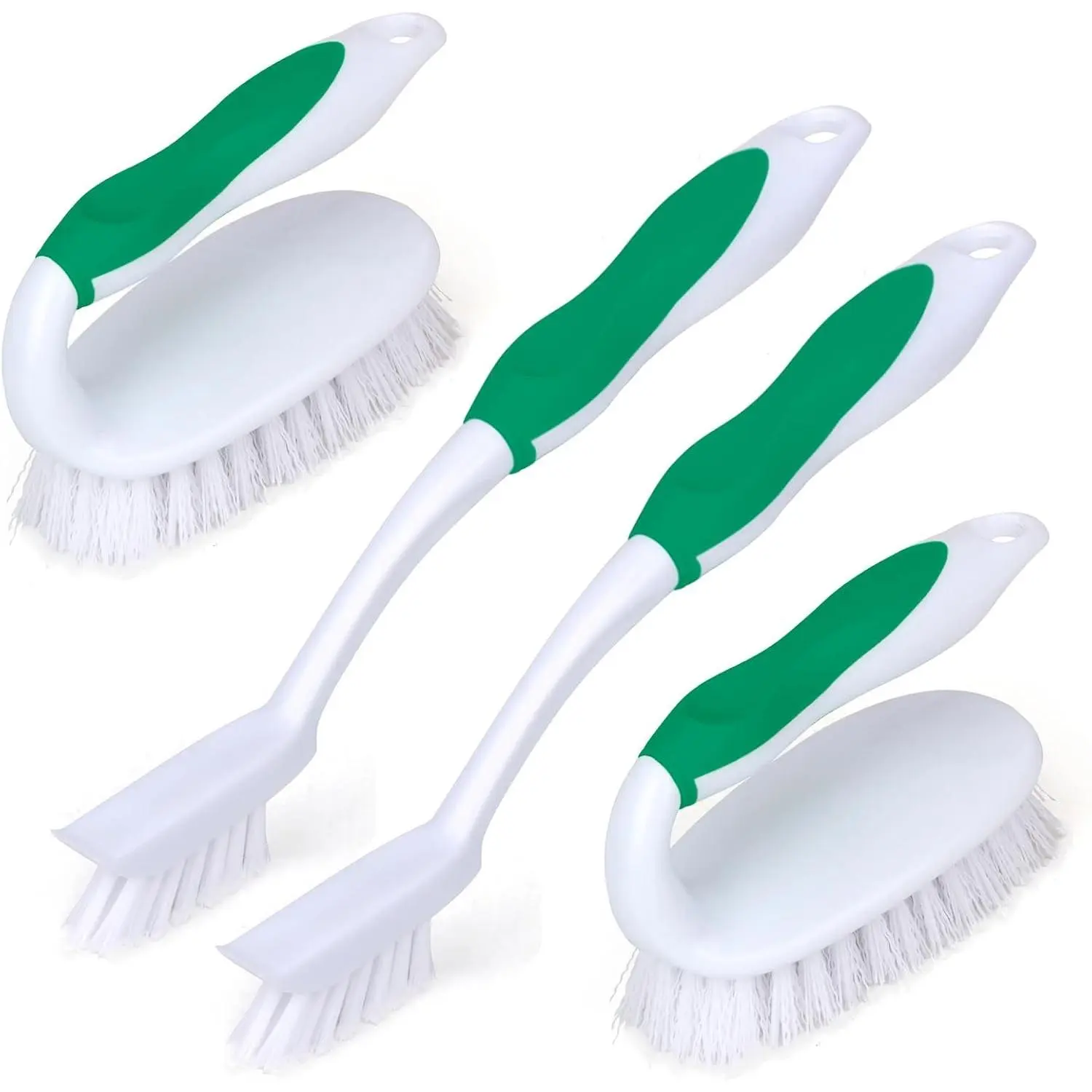 4 Pack Deep Cleaning Scrub Brush Set, 2 Scrub Brushes & 2 Tile & Grout Brushes with Built-in Scraper, Household Commercial Scrubber for Floor, Shower, Pool Wall, Tub (Green)