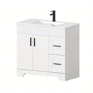 Bathroom Vanity with Sink & Faucet, Freestanding Modern Bathroom Cabinet with Ceramic Top, 2 Doors & Storage Drawers for Small Bathroom or Powder Room