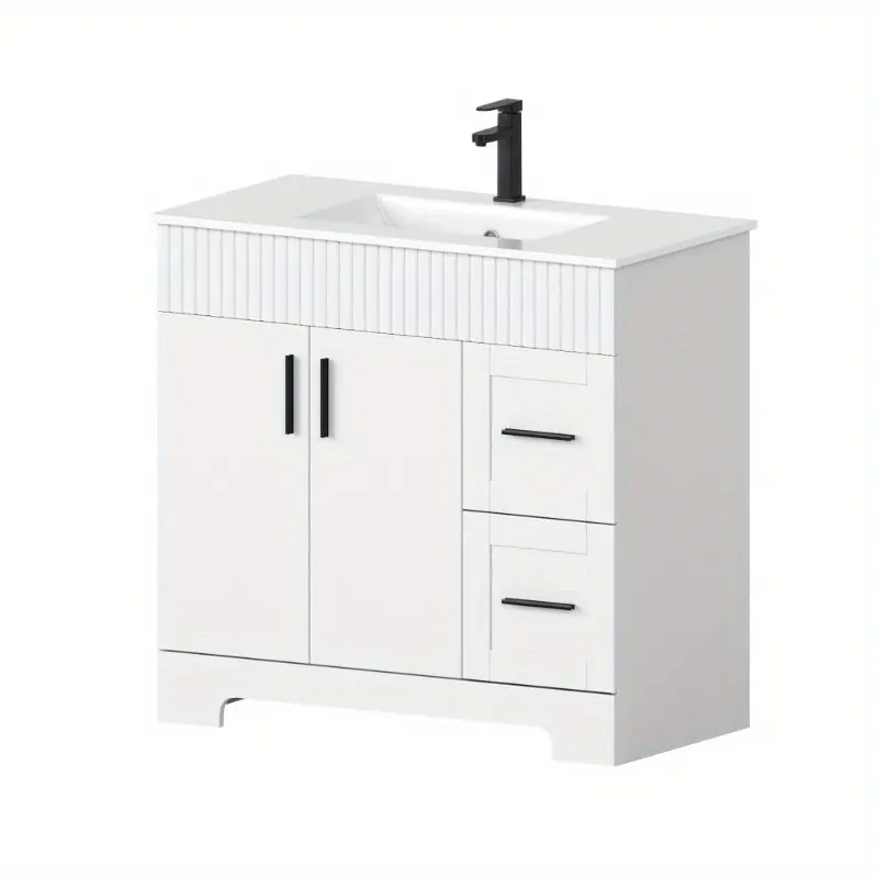 Bathroom Vanity with Sink & Faucet, Freestanding Modern Bathroom Cabinet with Ceramic Top, 2 Doors & Storage Drawers for Small Bathroom or Powder Room