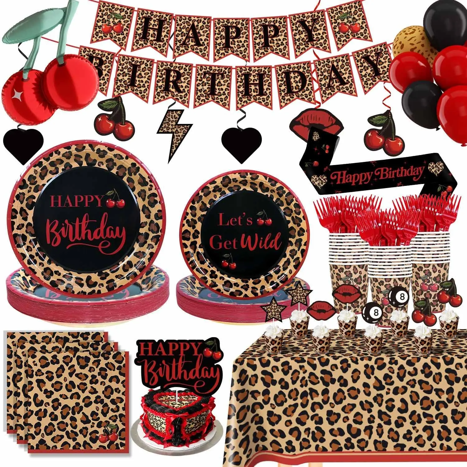 Red Cheetah Print Birthday Party Decorations Pack, 25 Guests Cherry Leopard Print Includes Cardstock Plates Tablecloth Banner Hanging Swirls Balloons Cake Topper for Women Girls Gone Wild