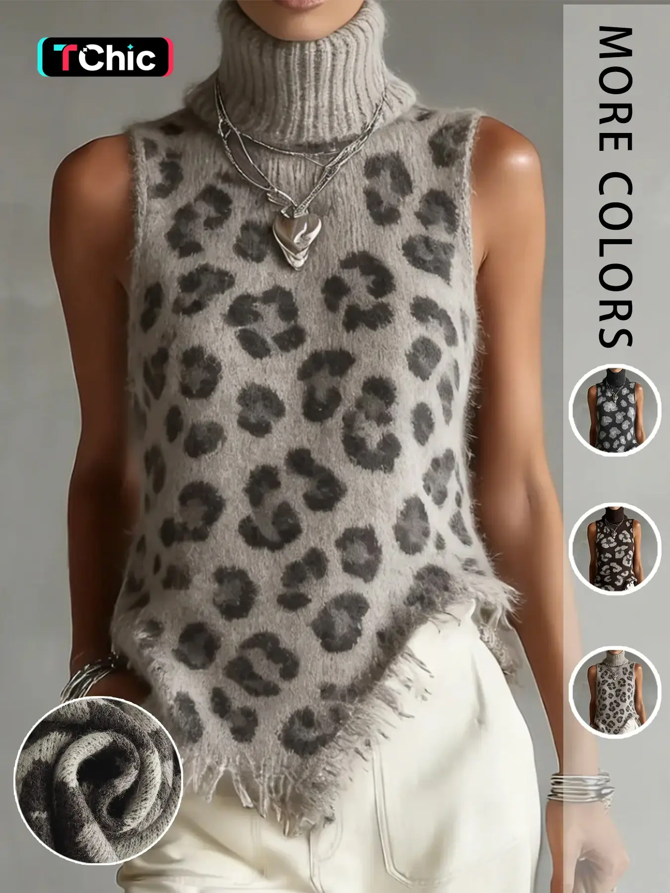Women's Leopard Print High Neck Knit Vest, Sleeveless Asymmetrical Hem Knitted Top, Fall Winter Casual Layering Outerwear