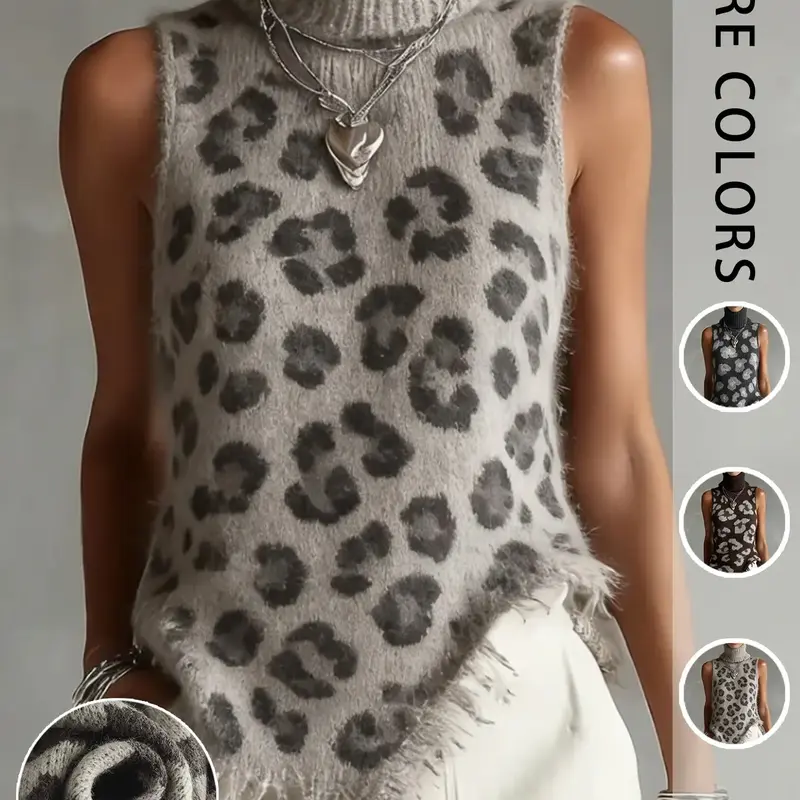 Women's Leopard Print High Neck Knit Vest, Sleeveless Asymmetrical Hem Knitted Top, Fall Winter Casual Layering Outerwear, Sleeveless Knitted Vests