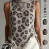 Women's Leopard Print High Neck Knit Vest, Sleeveless Asymmetrical Hem Knitted Top, Fall Winter Casual Layering Outerwear, Sleeveless Knitted Vests