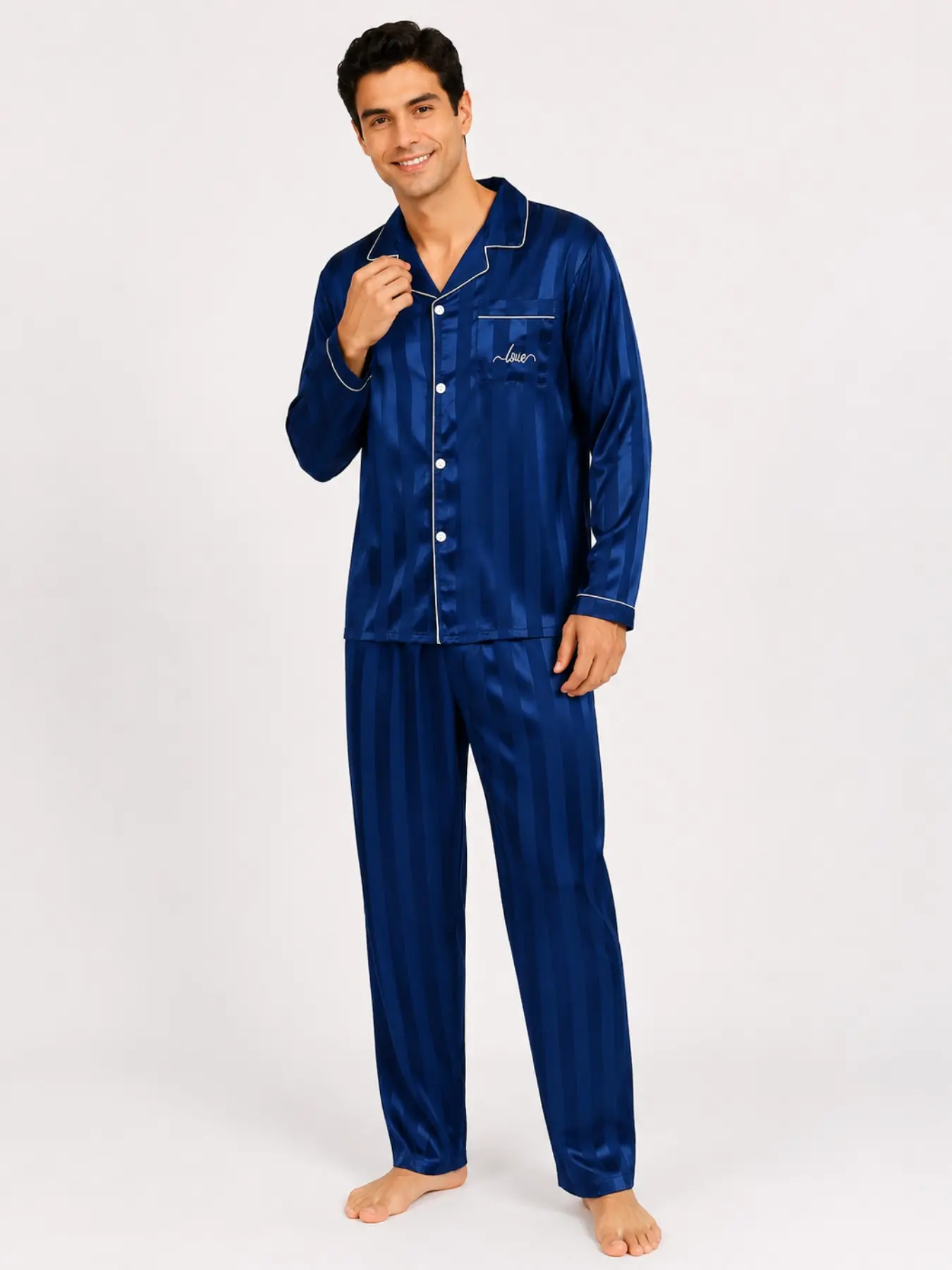 Men's Satin-Like Patterned Striped Long Sleeve Pajama Set, Collar Button Home Wear Two-Piece Suite, Slim-Fitting All-Seasons Sleepwear