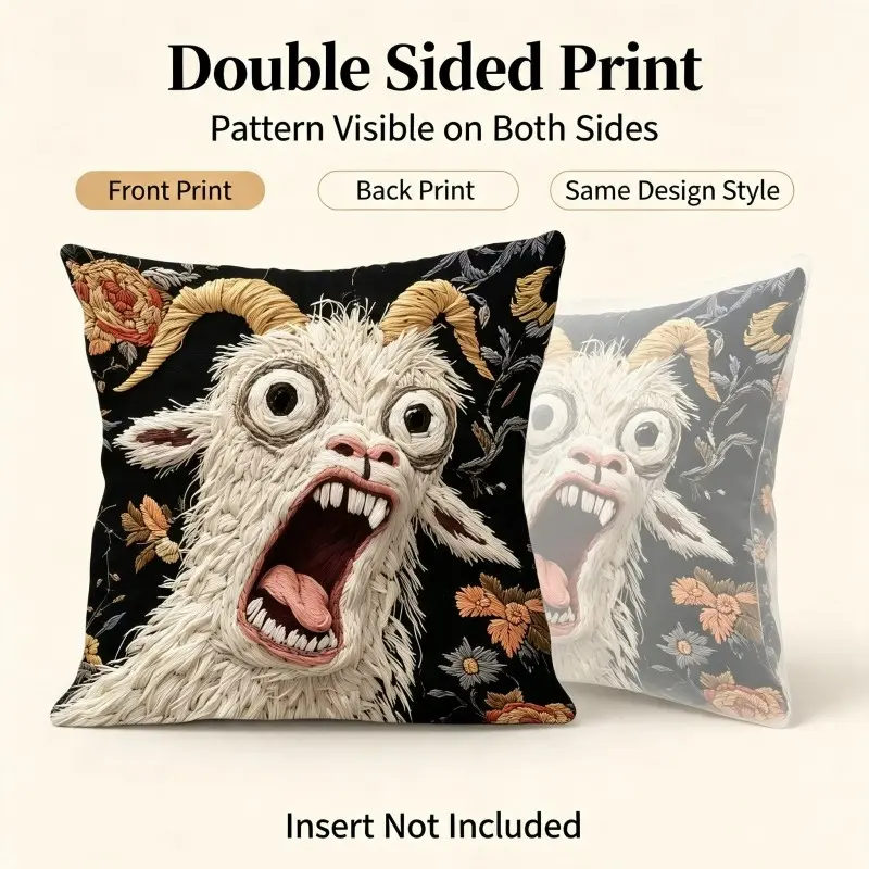 Viral Screaming Goat single-sided printed pillow cover, Single Piece, Hilarious Design, Cozy decor to style your living room, car and dorm with fun vibes, a gift choice to soothe stress and bring daily happiness, Decoration. Pillow insert not included