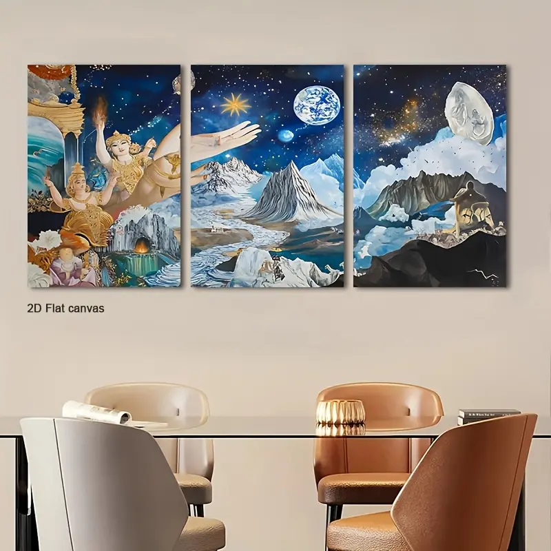 Set Of Celestial Painting Frames - God Image Panels, Wrap-Around 3-Piece Canvas Wall Art Set - Framed, Ready To Hang - For Living Room Office - Perfect Gift For Housewarming Christmas Easter - Wall Decor, Home Decoration