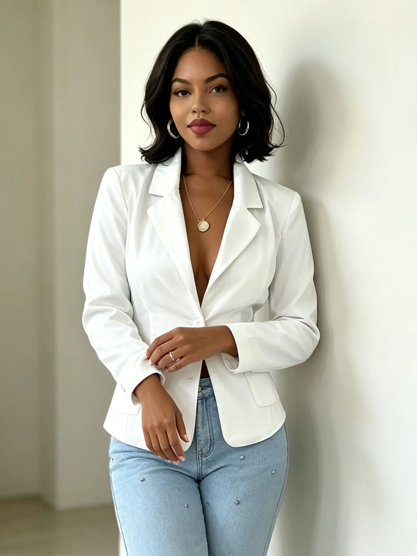 A ladies' pure white satin waist-cinched blazer, Tailored blazer, with back lacing design, slim-fitting silhouette, open-back crossover tie detail, smooth lightweight breathability, suitable for daily wear, outings