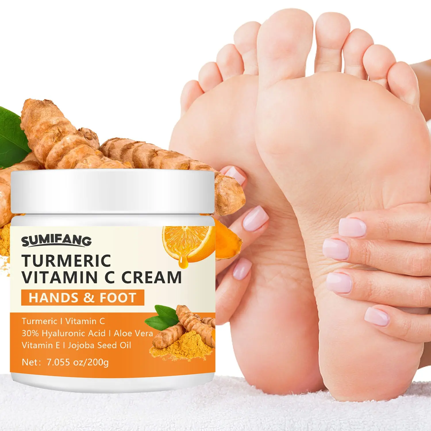 Turmeric Hand Foot Moisturizing Cream, Contains Turmeric, Vitamin C, Hyaluronic Acid, Deeply Hydrates, Softens Skin, 200g