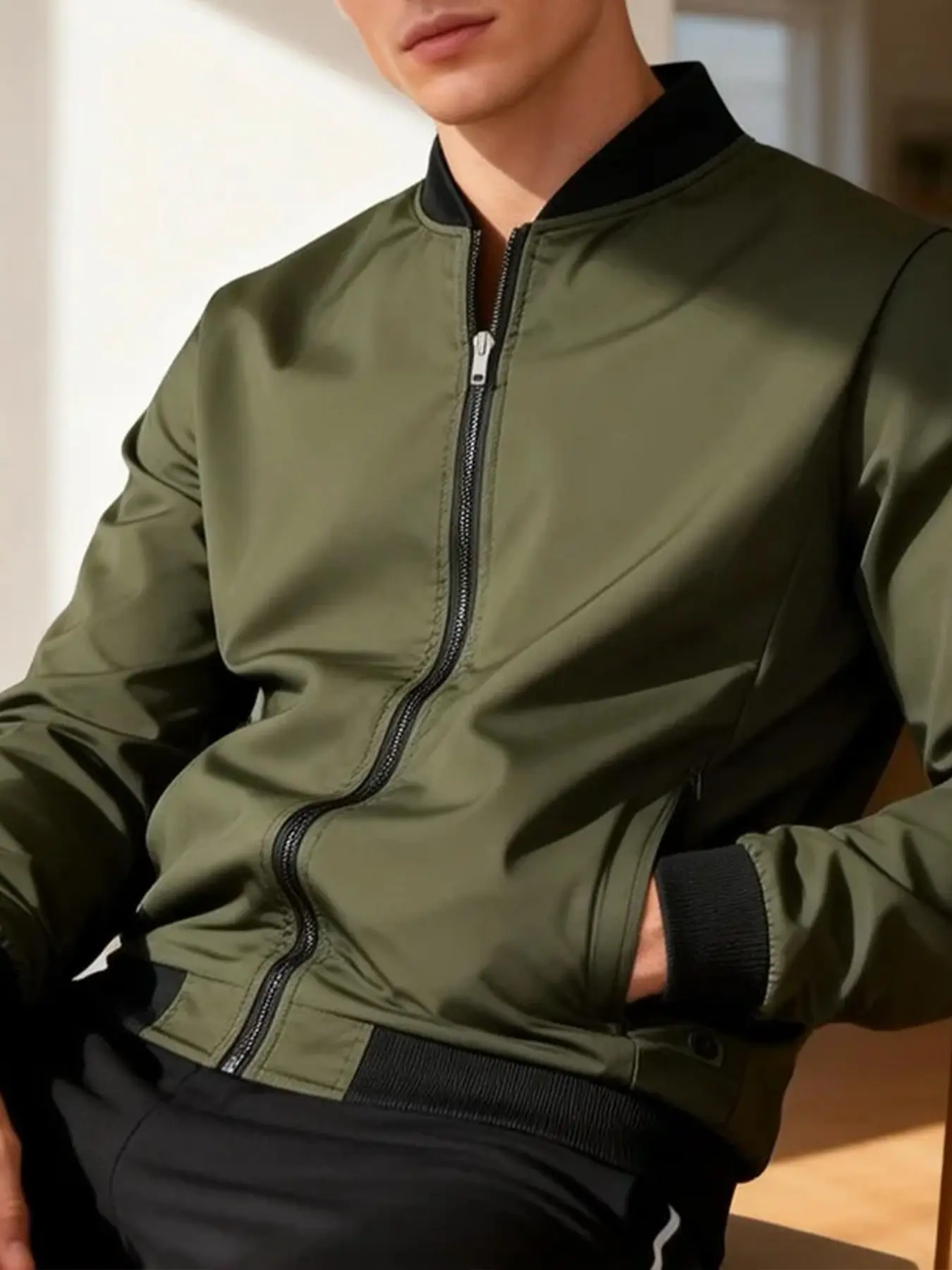 Men's Fall Winter Army Green Zip Up Bomber Jacket, Ribbed Stand Collar Long Sleeve Casual Baseball Coat, Relax Fit Windproof Outerwear with Side Zipper Pockets for Daily Commute, Streetwear, Walking, Shopping Errands, Casual Hangout, Weekend Outing, Light
