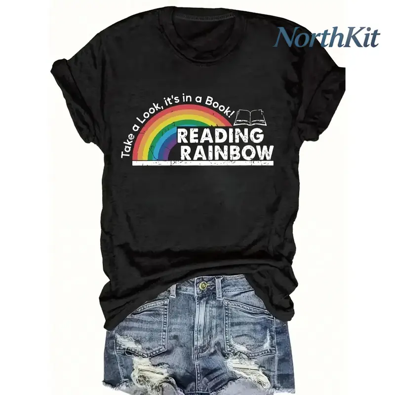 Lady's Streetwear Short-Sleeve Rainbow Graphic T-Shirt - Comfortable, Soft, Breathable Everyday Casual Summer Top for Reading Lovers, Shortsleeve