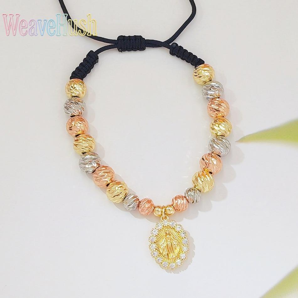 Tricolor Gold Virgin Mary Braided Bracelet, 18K Gold Plated Religious Beaded Adjustable Hand Rope, Catholic Faith Jewelry for Women, Vintage Inspired Spiritual Charm Bracelet, Perfect for Daily Wear, Prayer, Church & Sentimental Religious Gifting