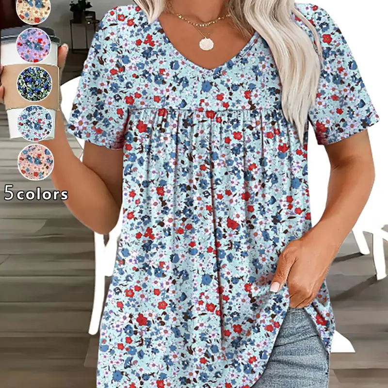 Fashionable Plus Size Floral V-Neck Short Sleeve T-Shirt Blouse, Casual Loose Fit Pleated Top, Women's Stylish Everyday Wear, Blouses Shirts, Womenswear #GLOBAL PICKS