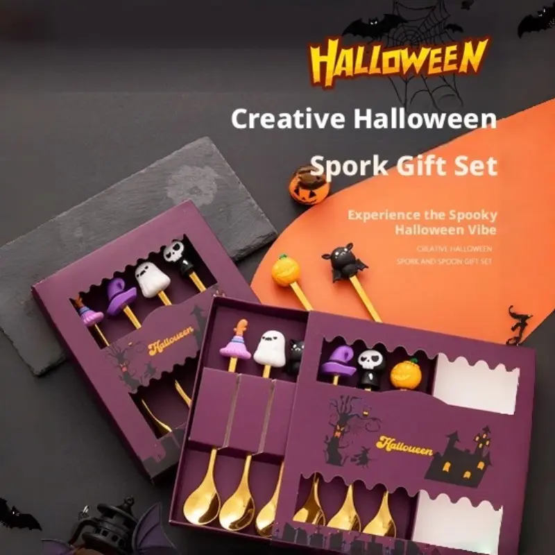 Halloween Cutlery Set, Ghost Pumpkin Skull Cartoon Figurines 6-Piece Set, Holiday Gift, Dessert Spoon Fruit Fork Coffee Stirrer, Flatware Set