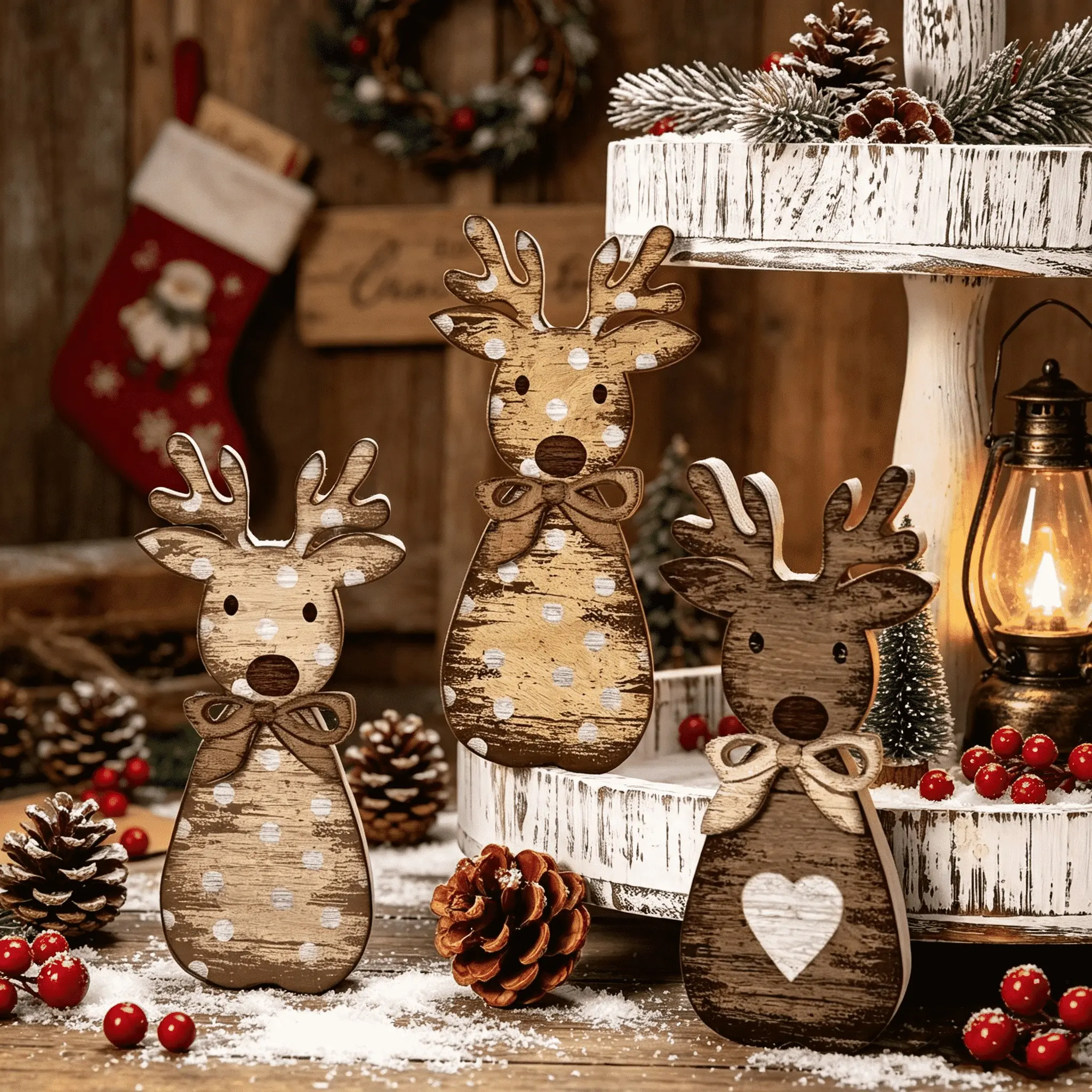 3 Piece Rustic Wooden Reindeer Desktop Decor, Vintage Polka Dot Bow Reindeer Statue, Farmhouse Christmas Tray Decoration, Holiday Home Party Decor