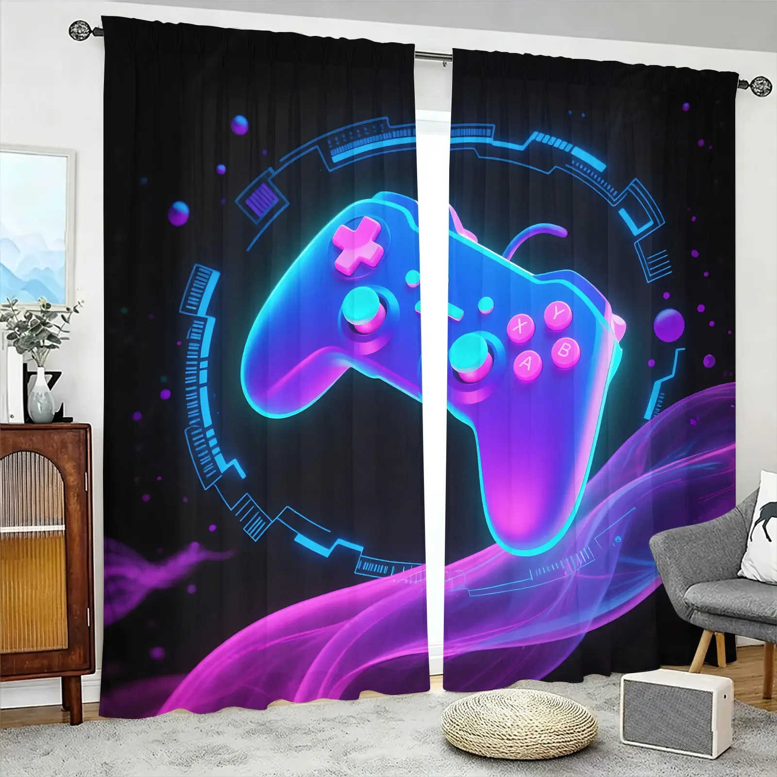2 Panels Neon Purple Blue Game Controller Print Decorative Curtains, Semi-sheer Privacy Curtains, Rod-pocket Window Drapes for Gaming Room Teen Bedroom Home Decor