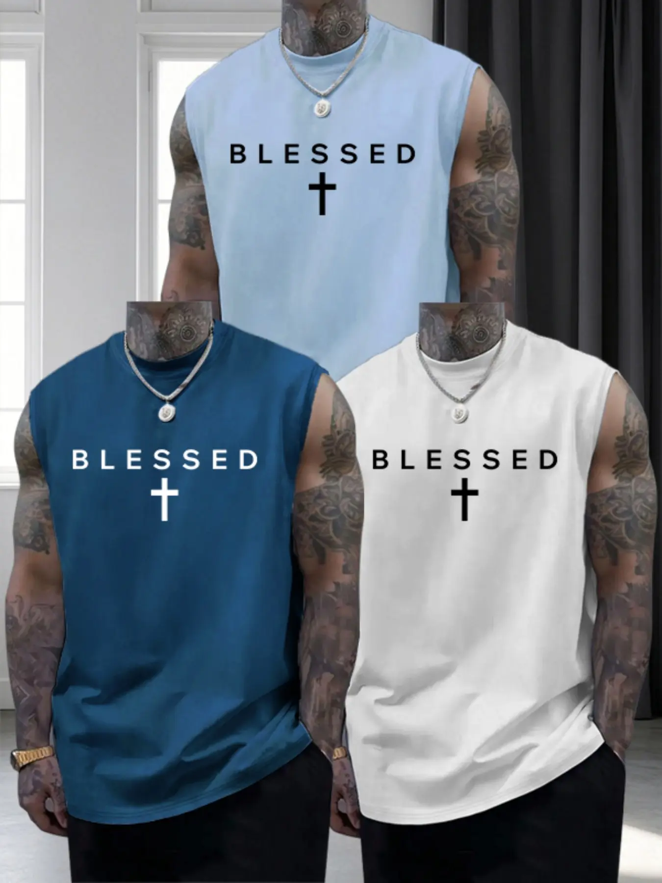 Men's 'blessed' Cross Print Sleeveless T-Shirt, Casual Round Neck Muscle Vest, Summer Fitness Street Style Top, No Button, Fitted