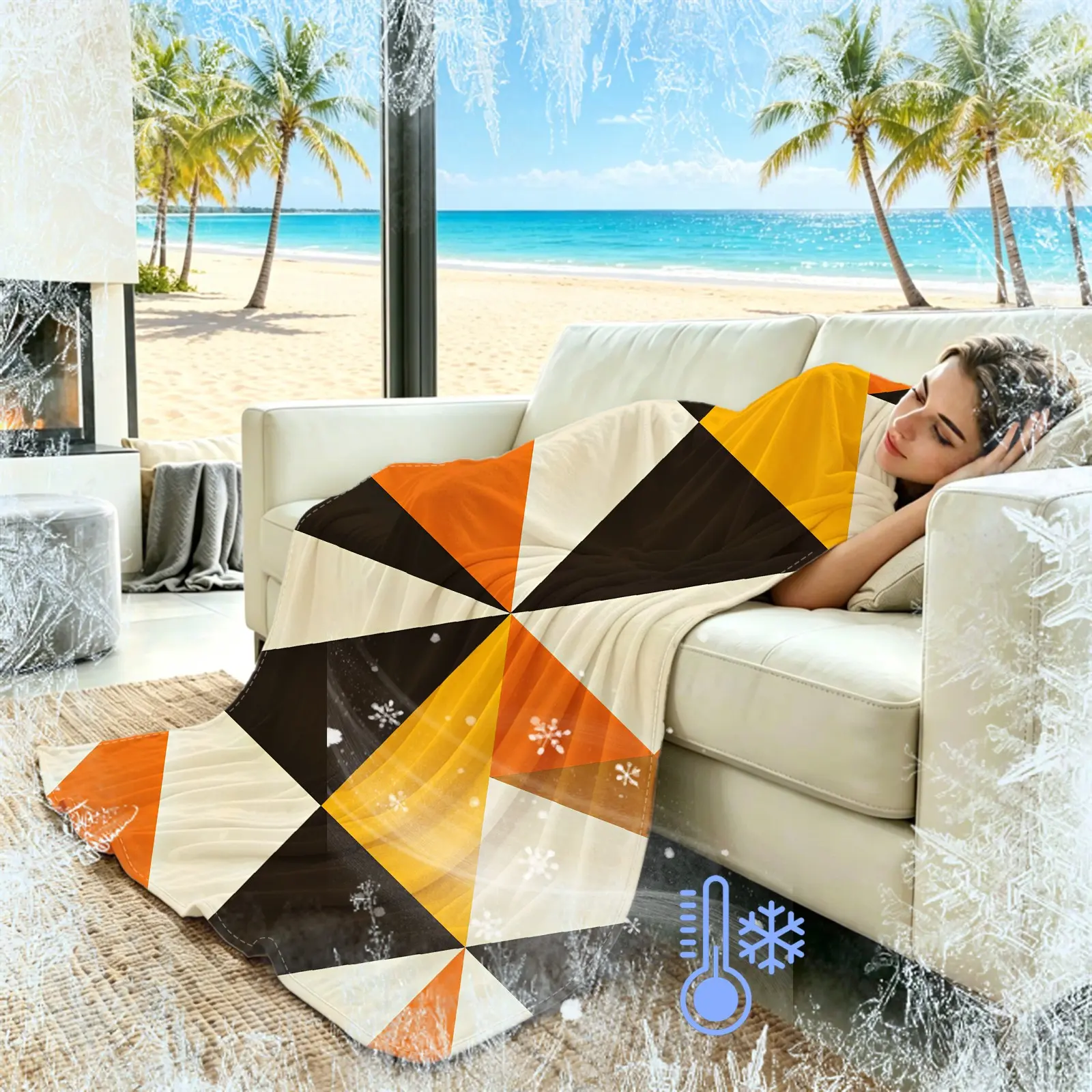 Retro Geometric Triangle Cooling Blanket, Q-MAX>0.3, Ultra-Soft Microfiber, Ice Cool, Breathable, Lightweight for Home, Travel & Gifting