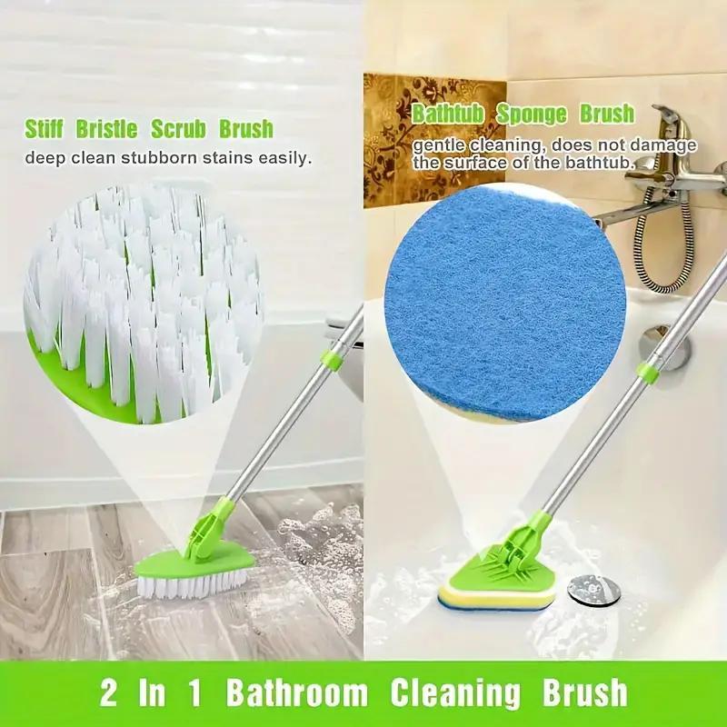 Shower Cleaning Scrub Brush with Long Handle, 1 Set Cleaning Scrubber with 3 Sponge Brush Heads and 1 Stiff Bristle, Cleaning Supplies, Home Care Supplies, Bathroom Cleaning Tool