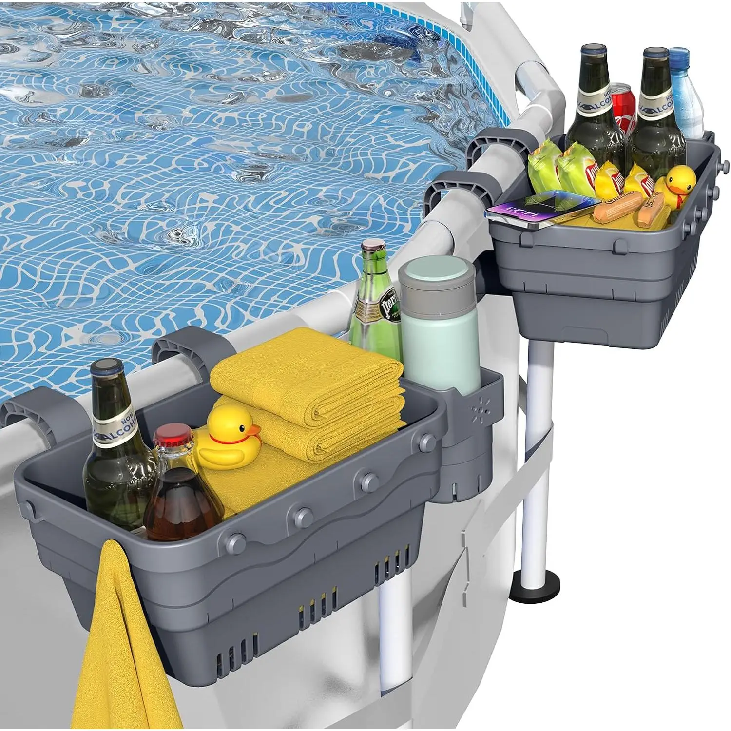2026 Upgrade 2 Sets Poolside Storage Basket, Above Ground Pool Accessories, Swimming Pool Storage Basket with Cup Holder, Mesh Bag and Support Bar to Organize Towel Pool Toy