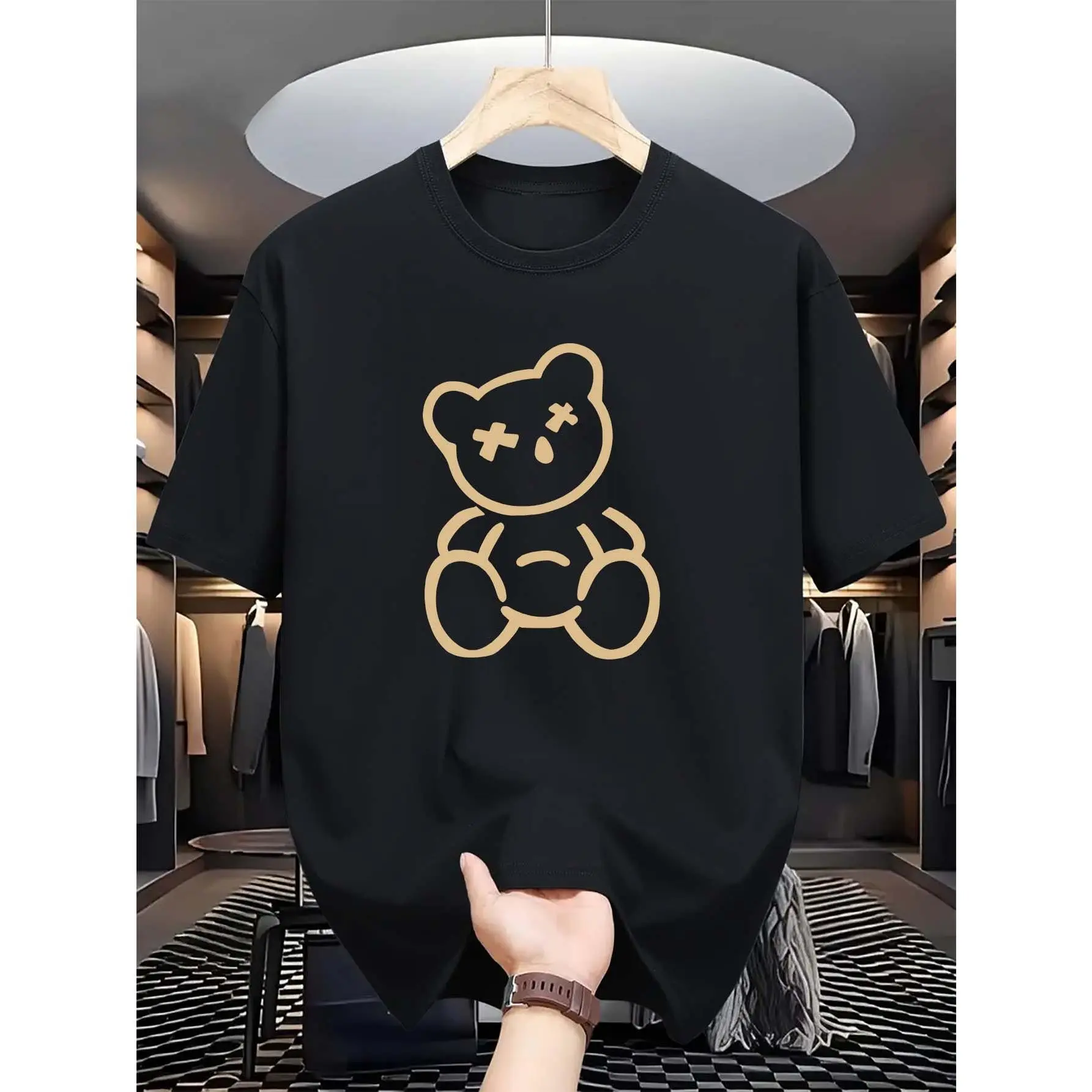 Men's Casual Bear Print T-Shirt - Crew Neck, Short Sleeve, Summer Fashion Top, Machine Washable