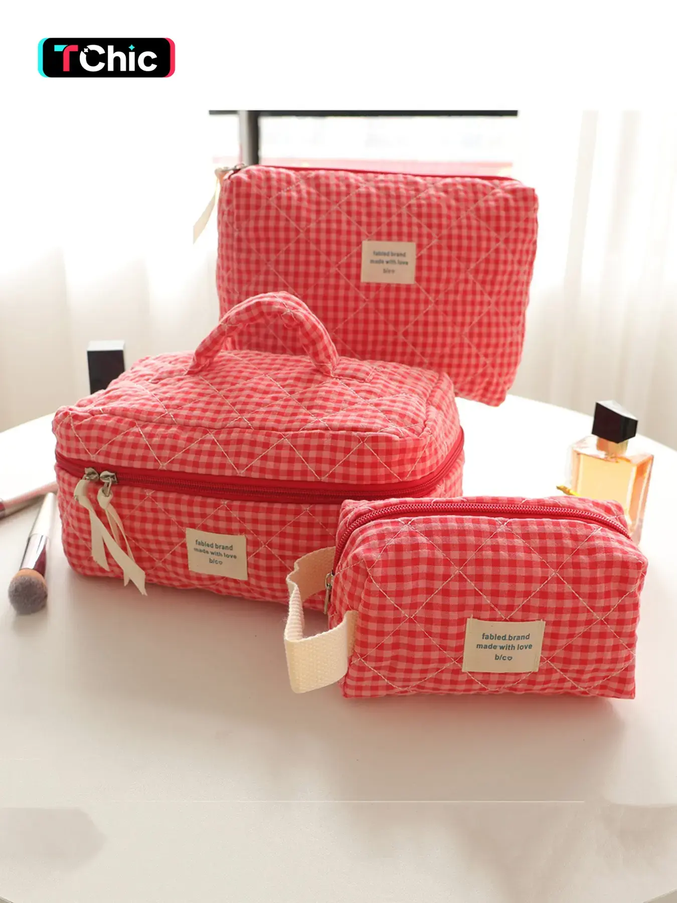 Set of Three Large Capacity Portable Makeup Bags, Women/girls Skincare Washroom Storage Bag, Multifunctional Cute Wallet Style Plaid Bag, Makeup Container Set, Travel Cosmetic Bag, Makeup Organizer Pouch, Travel Makeup Bags Organizers, Travel Essentials