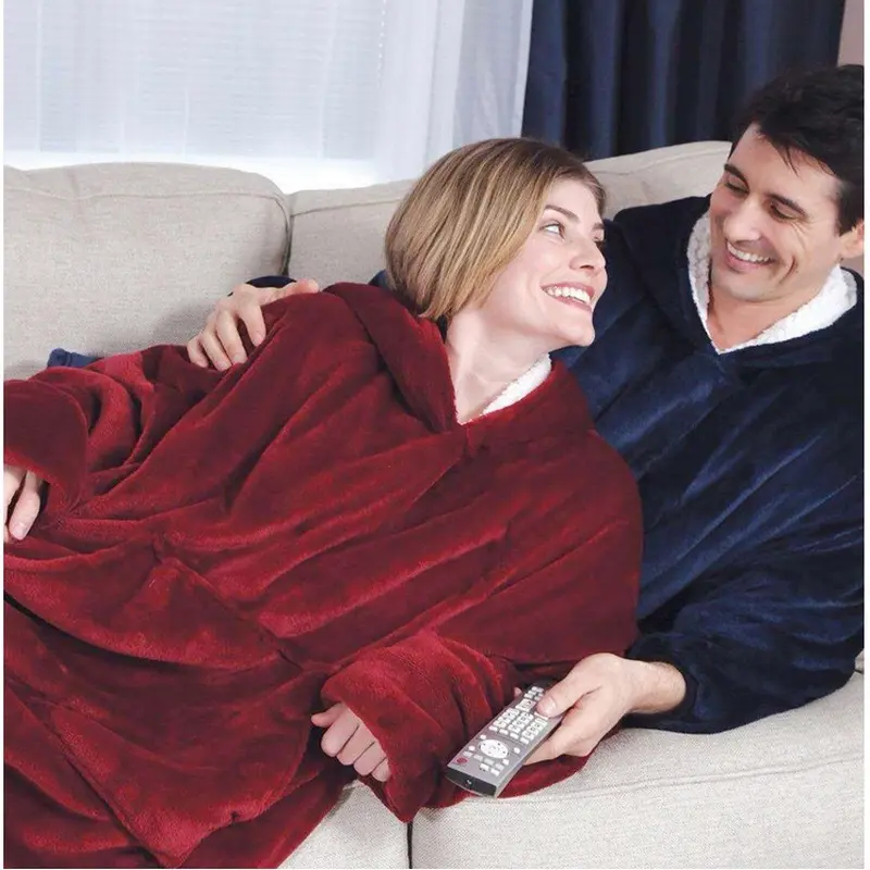 New Thick Hooded Fleece TV Blanket, Oversized Pullover Wearable Blanket Robe, Warm Outdoor Cold Weather Loungewear