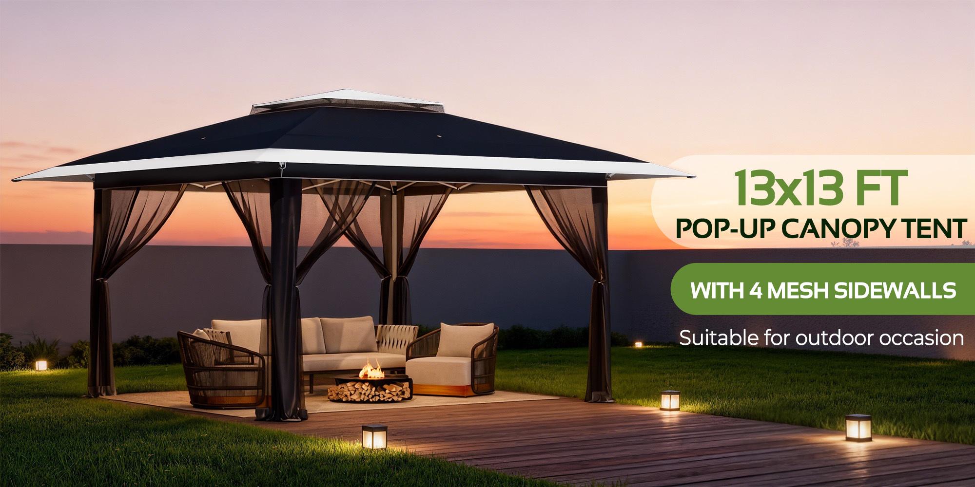 13x13 FT Easy Pop Up Canopy Tent with Netting, UPF 50+ Outdoor Canopy with Extended Eaves for Camping, Picnics, Outdoor Events & Backyard Use