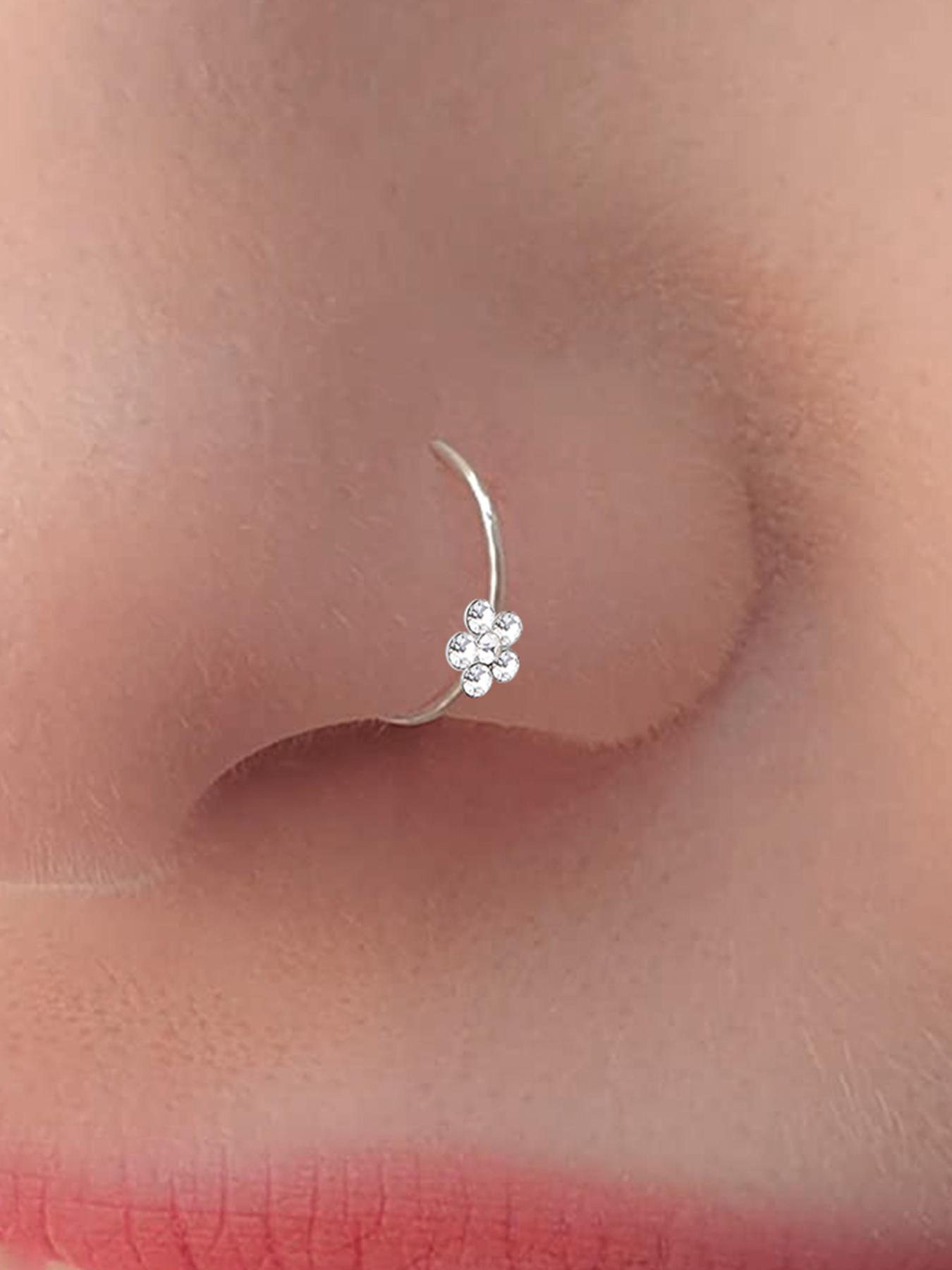 Women's Elegant Rhinestone Decor Nose Ring, Simple Trendy Flower Design Nose Piercing Jewelry, Fashionable Daily Wear Body Jewelry for Women & Girls, Rhinestone Nose Studs For Girls