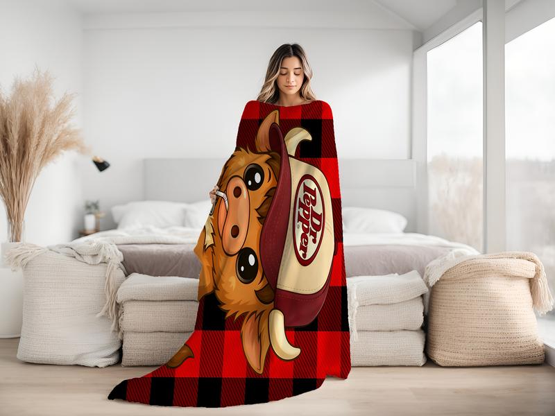 Highland Cow Wear a Hat Cute Pattern Dr Pepper Flannel Blanket,Red and Back Checkered Blanket 1 Count Soft Warming Bedding Blanket Comfy Lightweight Bedding