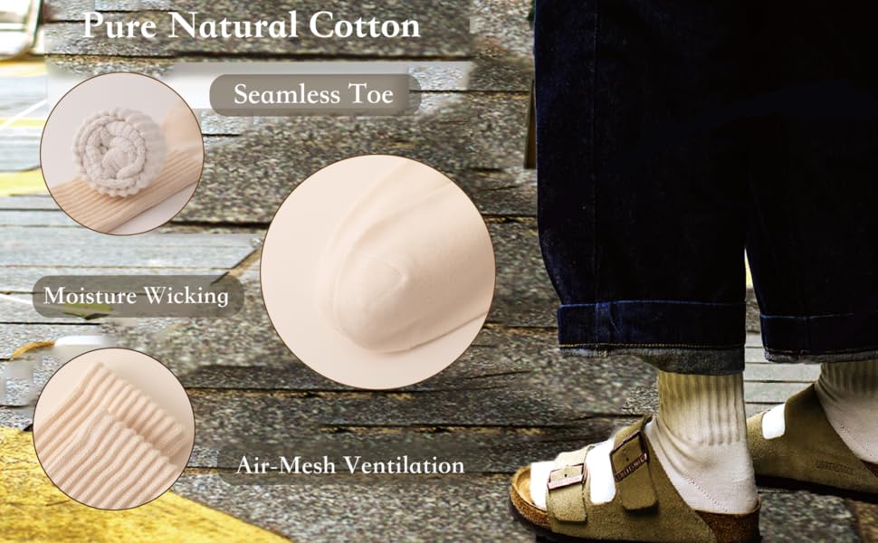 4 Pairs Natural 98% Cotton Crew Socks - Seamless, Breathable, Cozy Fall & Winter Socks for Women & Men