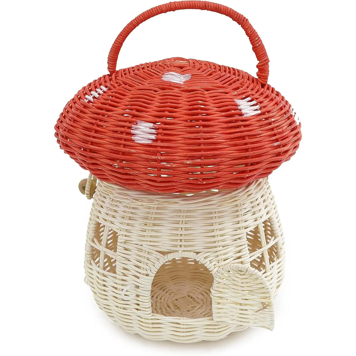 Mushroom Basket- Mushroom Home Decor Box With lid Shelves- Rattan Mushroom Newborn Photography Props in Tent, Kitchen - Bag for Kid - Wicker Basket Purse (Red Color)