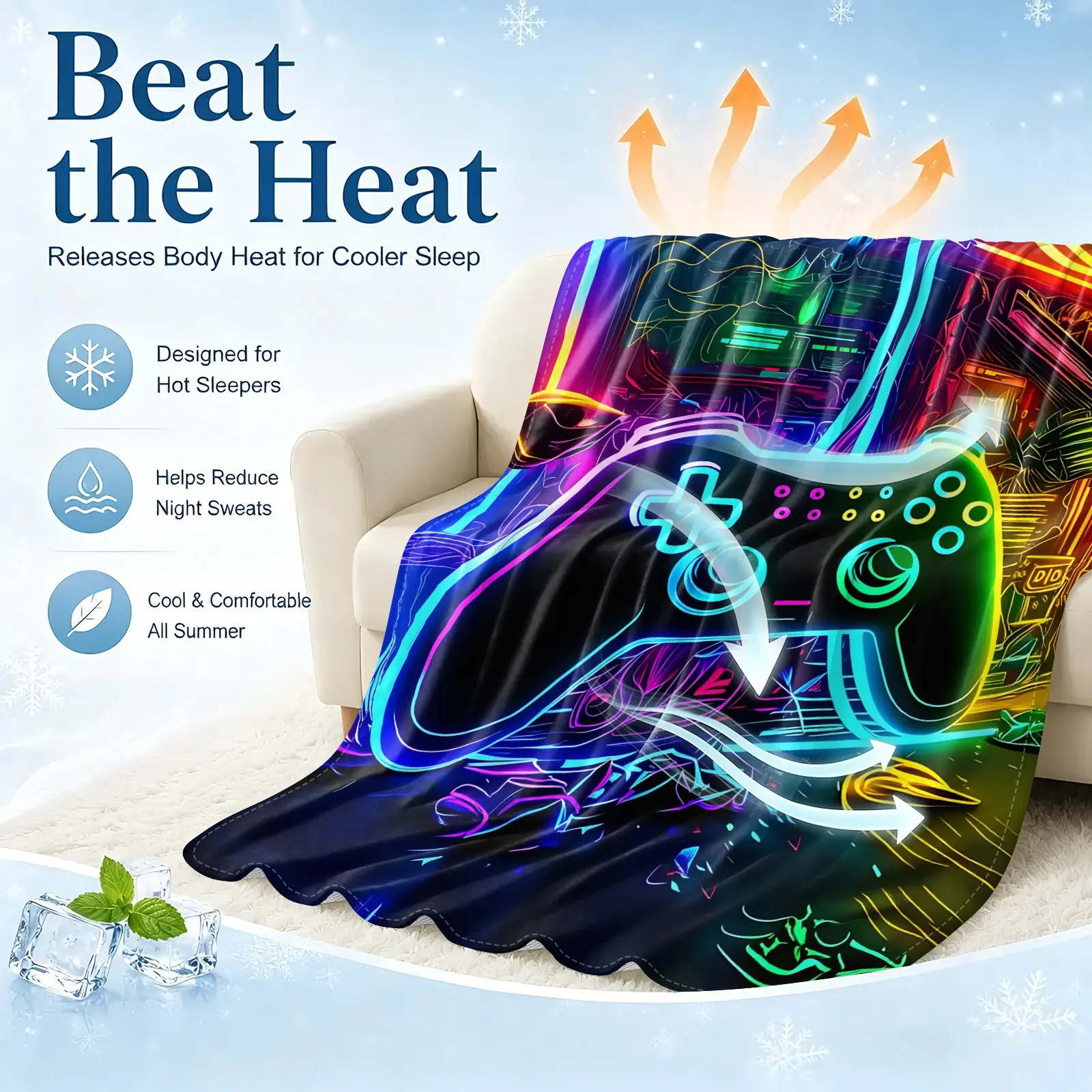 Neon Gaming Controller Cooling Blanket Arc-Chill Q-Max >0.4 Cool Fiber Summer Cooling Throw, Graphic Throw Blanket Vibrant Gamer Print Lightweight Breathable Blanket for Hot Sleepers, Ideal for Teen Boys Bedroom & Gaming Room Decor