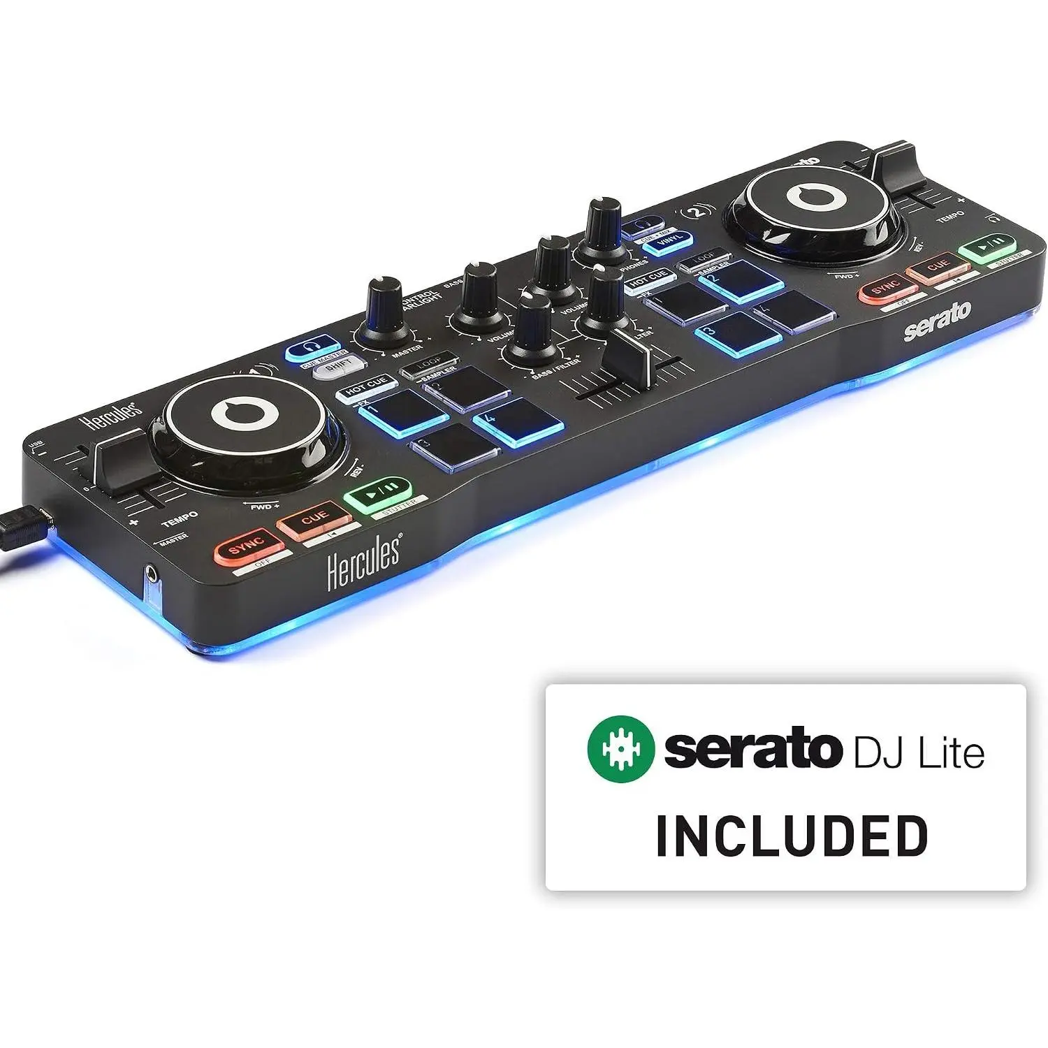Hercules DJControl Starlight | Pocket USB DJ Controller with Serato DJ Lite, touch-sensitive jog wheels, built-in sound card and built-in light show (Renewed)