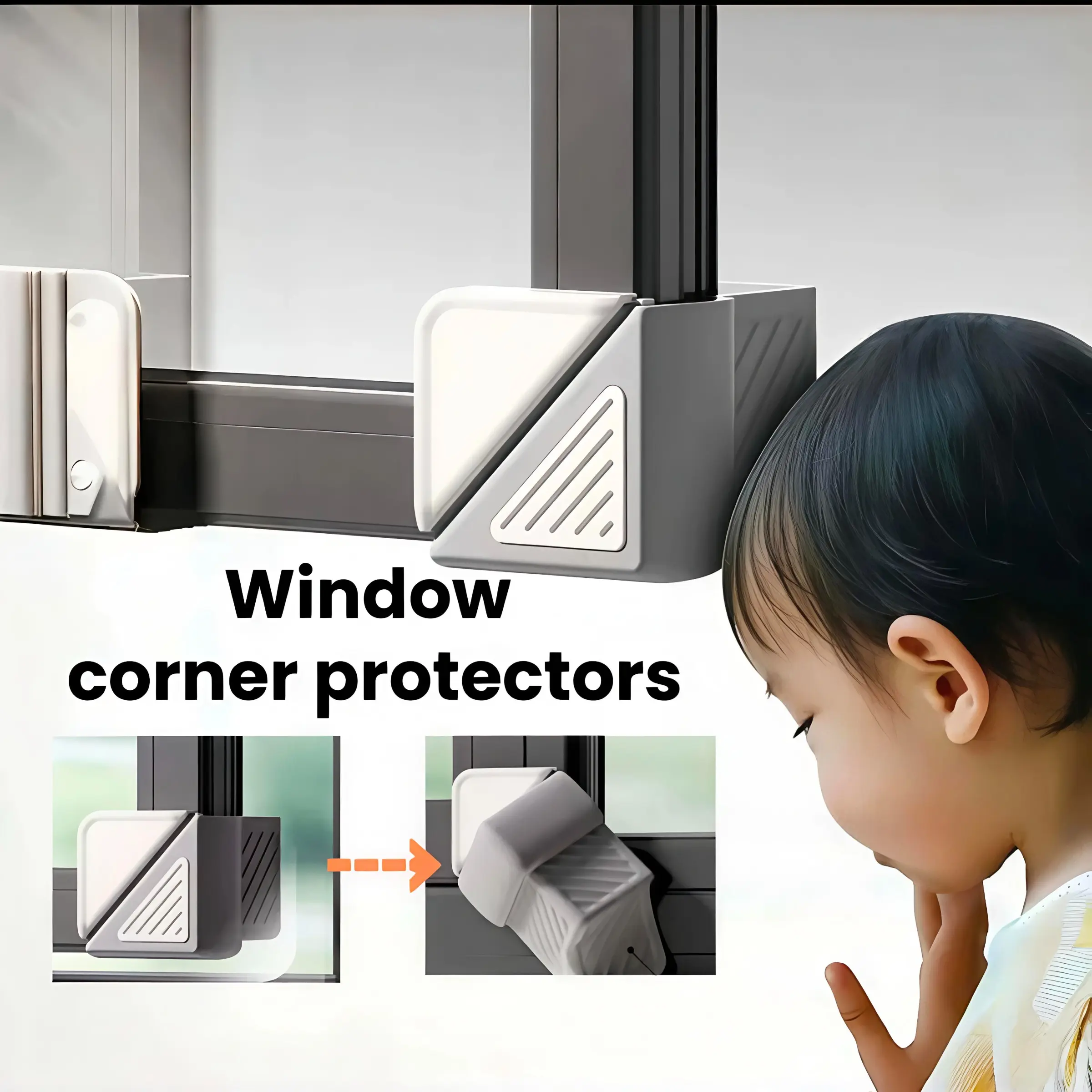 Magnetic Foldable Window Corner Protector, 6th Gen 4D Full Coverage Anti-Collision Window Edge Guard, Small / Large Size Optional, No Need to Remove When Closing Sliding Window, Self Adhesive Baby Safety Window Bumper Cover