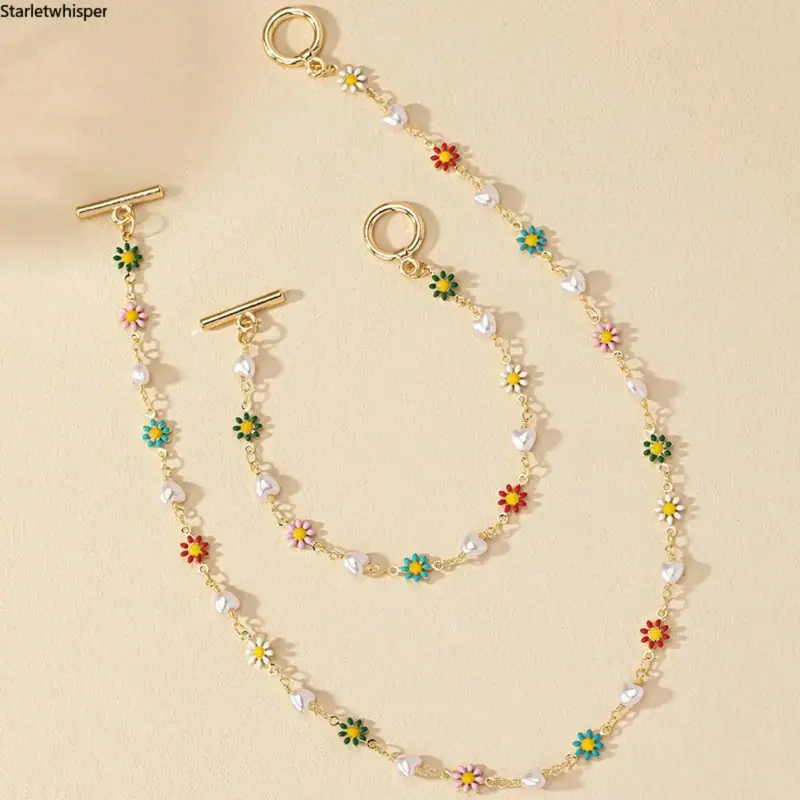 Women Daisy & Heart Pearl Jewelry Set, Korean Trendy Chain Necklace & Bracelet, Elegant Minimalist Design for Daily Commute Casual Wear