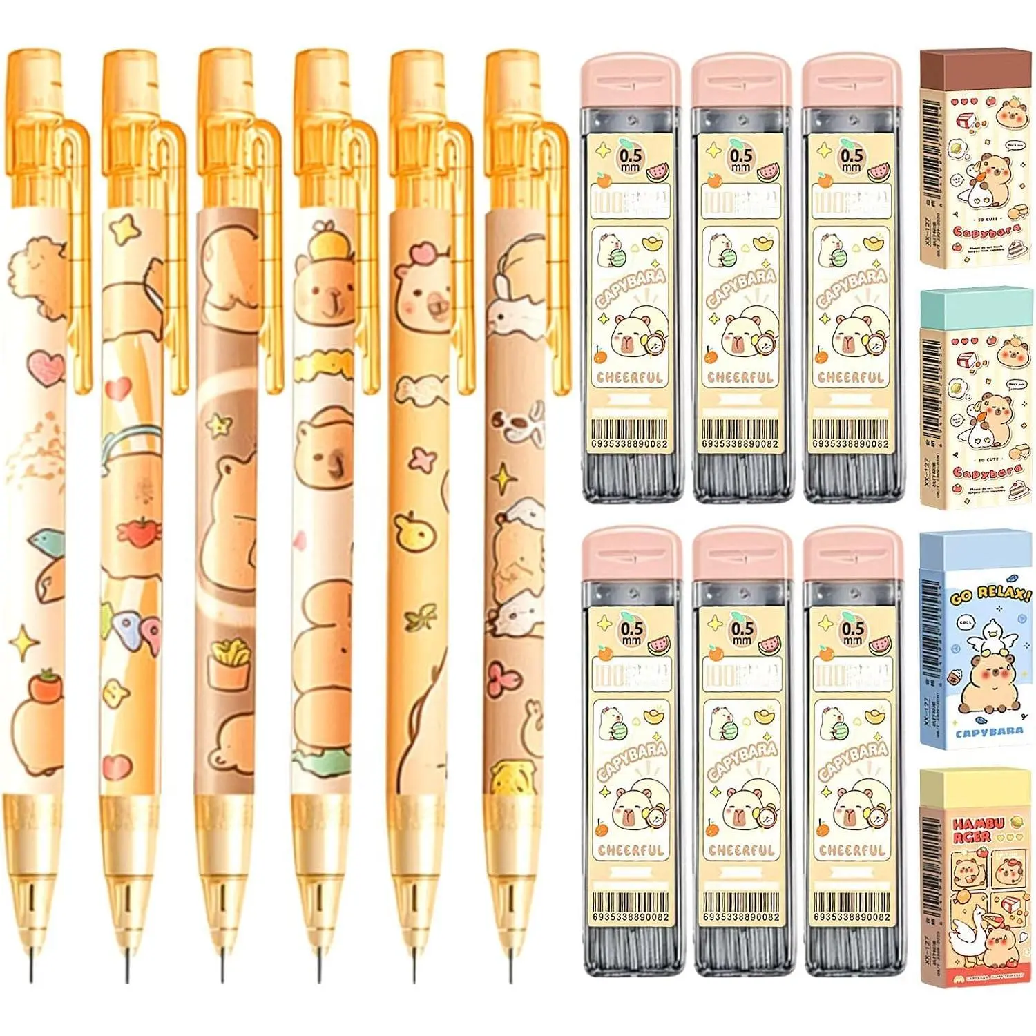 6 count 0.5mm Capybara Mechanical Pencils Set, Kawaii Cartoon Stationery | Includes 6 Capybara Mechanical Pencils, 600 Pencil Leads and 4 Erasers,  for Writing, School, Office and Daily Use.